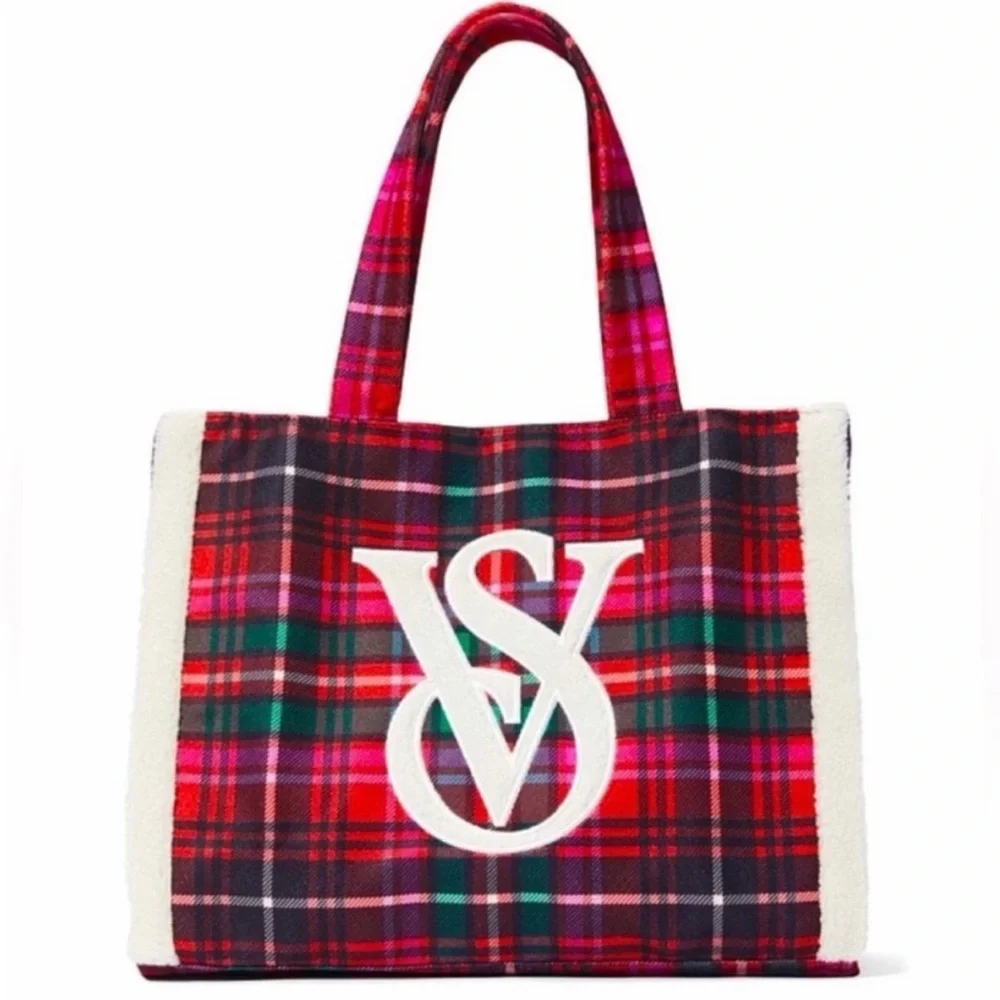 Victoria's Secret Holiday Plaid Tote Bag - Red and White with fleece trim NWT